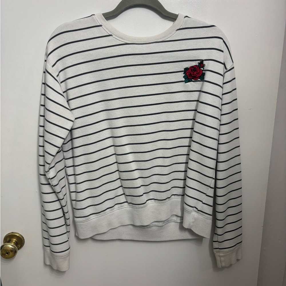 Striped White and Black Sweatshirt with Rose Patch